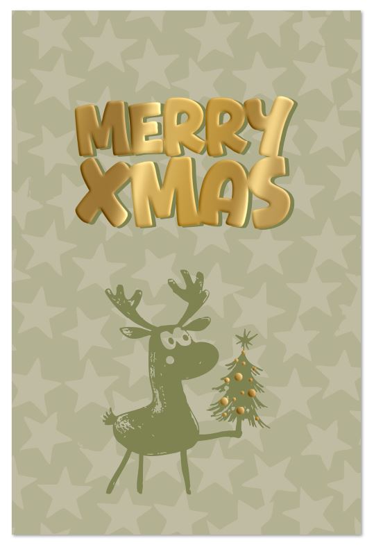 Lustige Weihnachtskarte in Olivegrün mit Goldprägung "MerryXmas" und kleinem Rentier mit Weihnachtsbaum