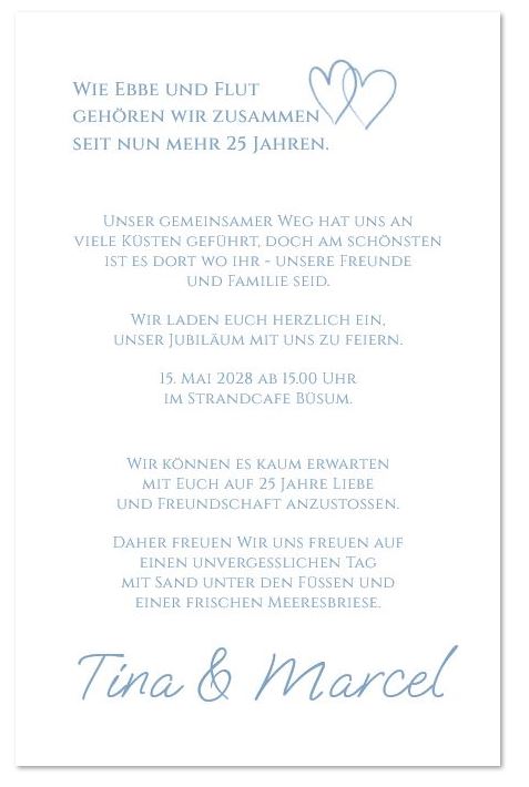 Maritime Einladungskarte zur Silberhochzeit "Meeresbriese" mit Schilderbaum, eigenen Bildern, Strand und Meer