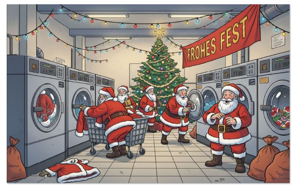 Lustige Branchen-Weihnachtskarte "Santa`s Waschtag"  für Wäscherei und Reinigung mit Gruß "Frohes Fest"