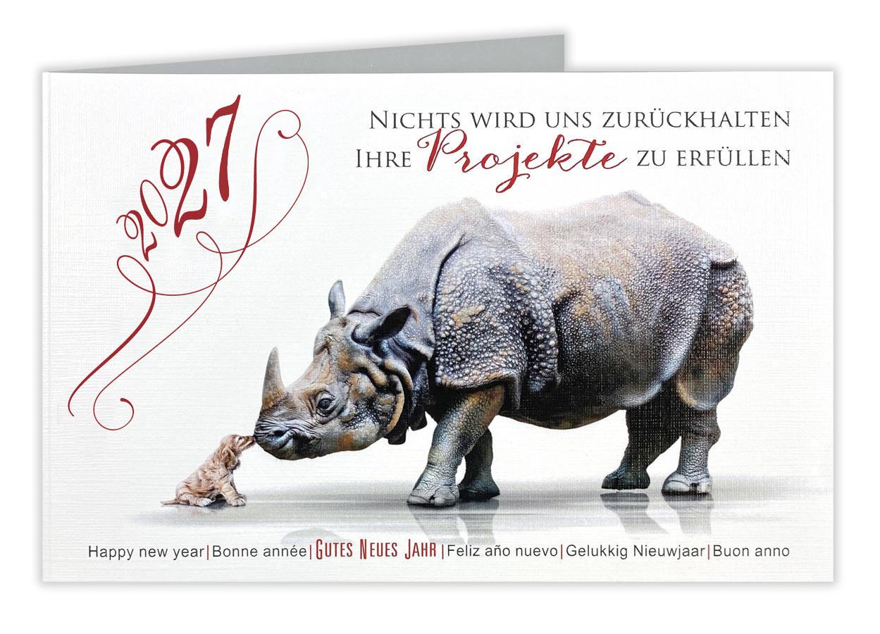Tierische Neujahrskarte 2027 international mit Hund und Nashorn - Projekte erfüllen