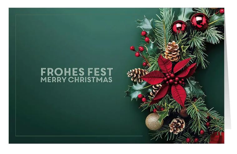 Klassische Weihnachtskarte "Tannengrün" mit deutsch-englischem Weihnachtsgruß und traditionellem Kranz