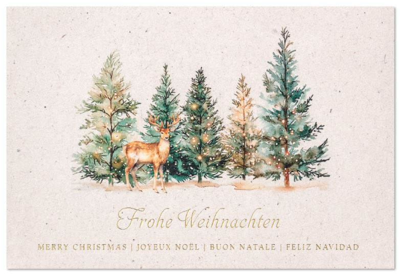 Internationale Weihnachtskarte "Waldidylle" mit goldenem Hirsch und Tannenwald sowie weihnachtlichen Grüßen