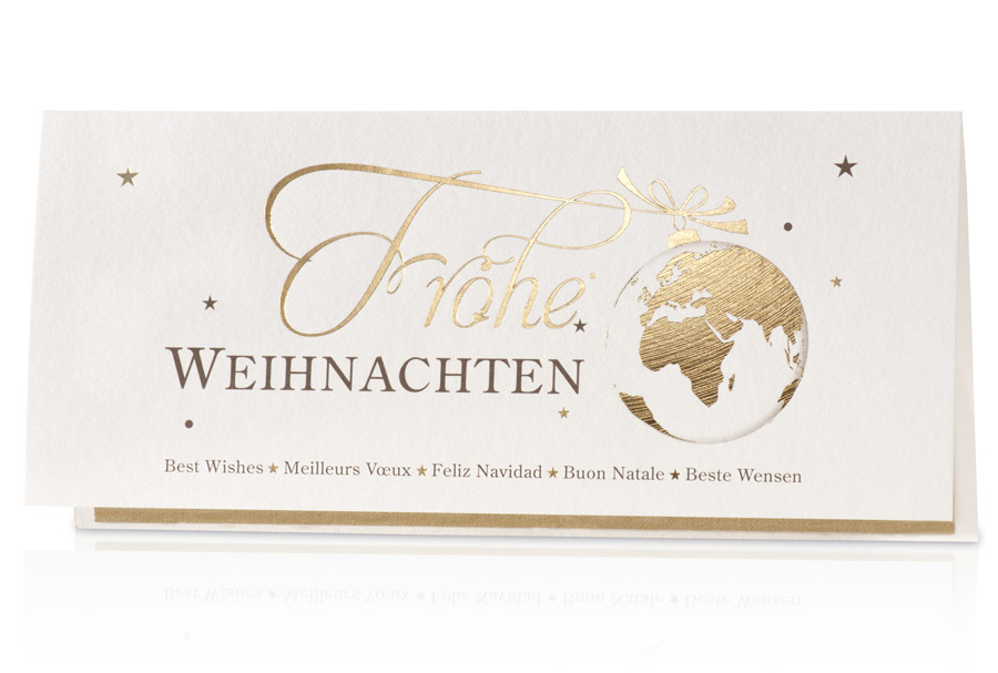 Weihnachtskarte weiß mit Goldfolienprägung Weihnachtskugel Welt