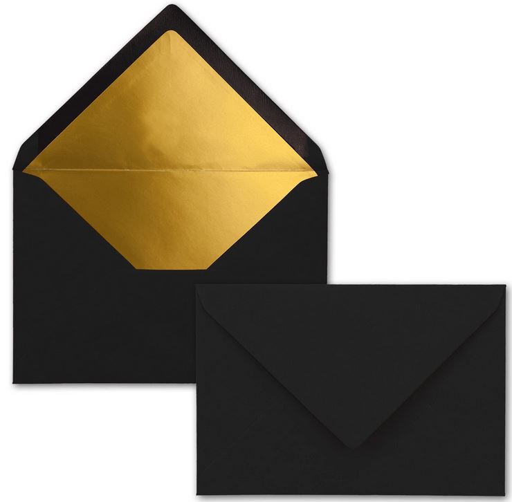Briefumschlag DIN C6, 16,2 x 11,4 cm, nassklebend, 120g, schwarz mit goldenem Innenfutter 