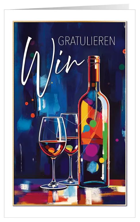 Glückwunschkarte "De Vino" im farbenfrohen Design mit Weinflasche und Weingläsern