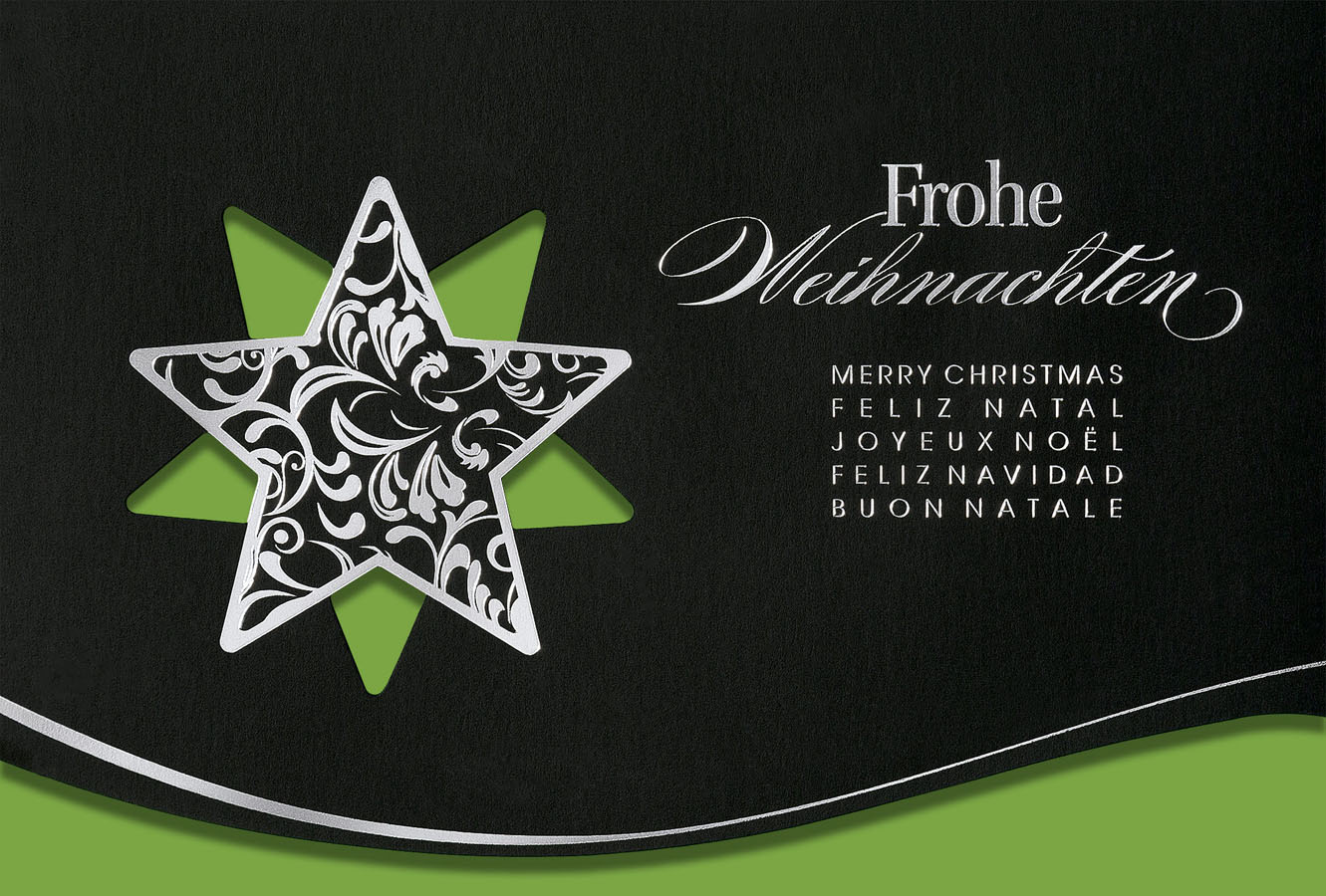 Weihnachtskarte schwarz, international mit Silberfolienprägung und Konturstanzung - Einleger grün