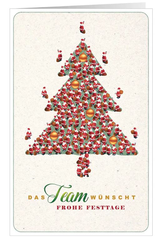 Lustige Firmen-Spendenkarte "Santa-Baum" für Ärzte ohne Grenzen mit geschäftlichem Team-Gruß
