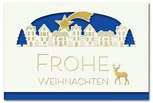 Weiße Festtagskarte "Weihnachtszauber" mit Formstanzung, Goldprägung und Einlegeblatt in blau
