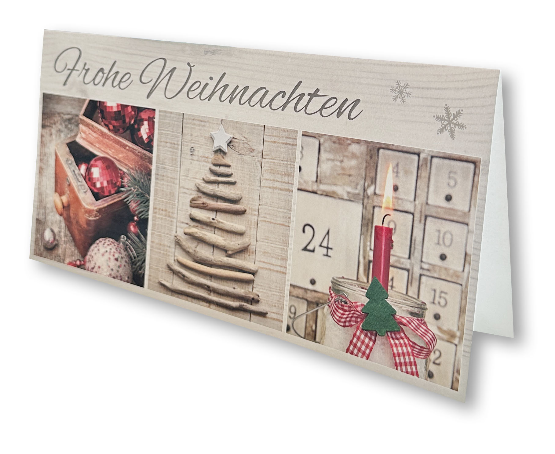 Traditionelle Weihnachtsgrußkarte mit rustikaler Optik und Weihnachtsgruß "Frohe Weihnachten".