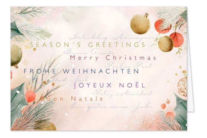 Internationale Aquarell-Weihnachtskarte „Pastell-Zauber“ mit floralen Elementen & Christbaumkugeln