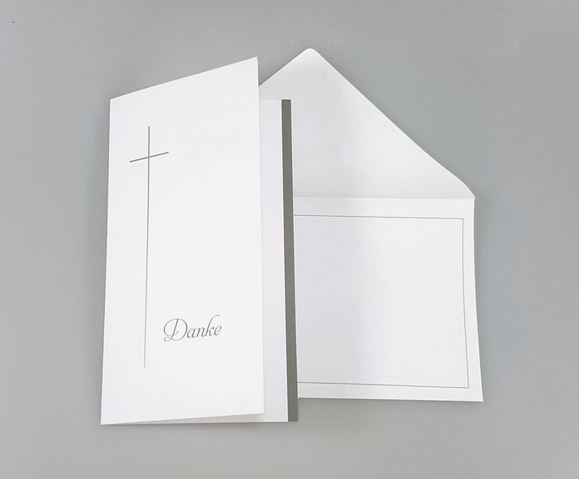 Trauer-Dankkarte aus feinem Leinenkarton mit Kreuz, dem Wort "Danke" und grauem Trauerbalken