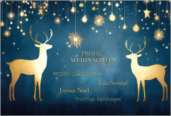 Elegante Weihnachtskarte in blau mit weicher Soft-Touch Oberfläche und internationalen Grüßen
