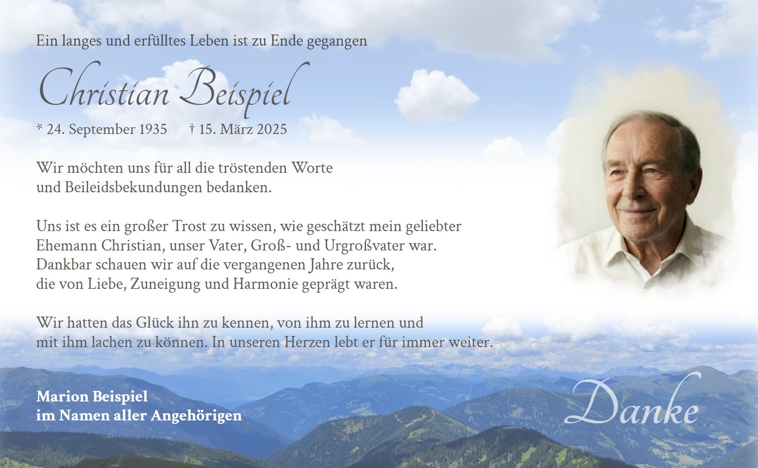 Trauer-Dankkarte mit Motivdruck eines Bergpanorama mit Weitsicht in den Wolkenhimmel