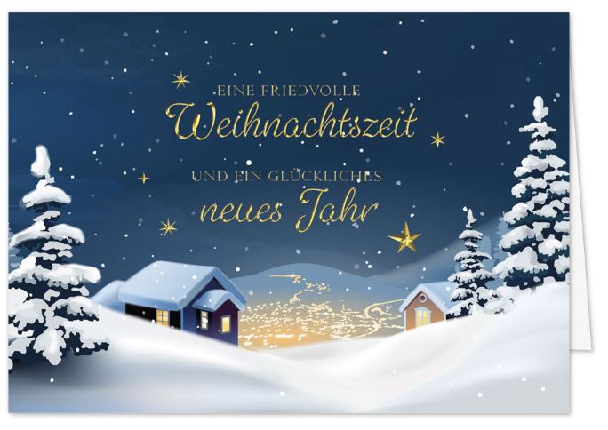 Stimmungsvolle Weihnachtskarte mit verschneiter Berglandschaft bei Nacht und goldenem Weihnachtsgruß