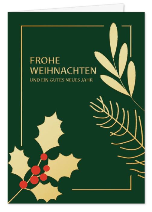 Traditionelle Weihnachtskarte in elegantem Dunkelgrün mit Stechpalmenzweig und Veredelung in Gold