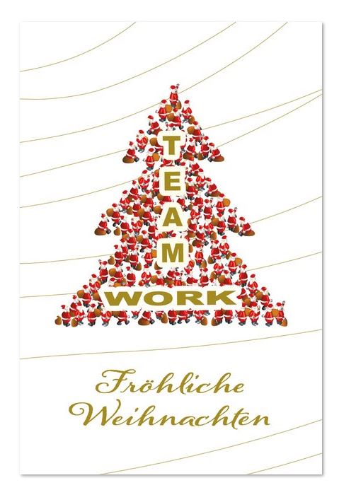 Lustige Team-Weihnachtskarte "Santa-Pyramide" mit Goldfolienprägung und vielen Weihnachtsmännern