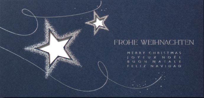 Laser-Weihnachtskarte DIN lang mit Silberprägung, Sternen und internationalen Grüßen, Einleger weiß