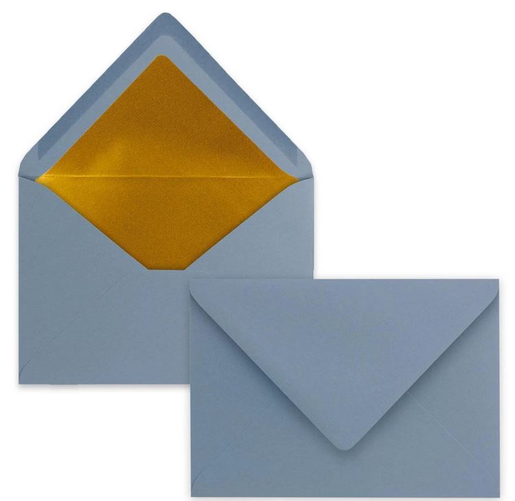 Briefumschlag DIN C6, 16,2 x 11,4 cm, nassklebend, 120g, graublau mit goldenem Innenfutter 