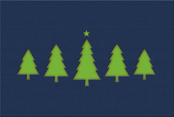 Dunkelblaue Weihnachtkarte mit grünem Falteinleger und Motivstanzung Bäume und Stern
