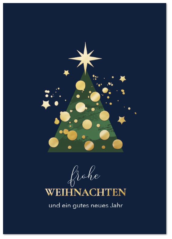 Elegante Festtagskarte in Dunkelblau mit Tannenbaum, prachtvoller Goldoptik und weihnachtlichen Grüßen