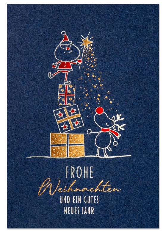 Humorvolle Spenden-Weihnachtskarte in blau mit liebevoller Comic-Illustration und gutem Zweck: Kindernothilfe