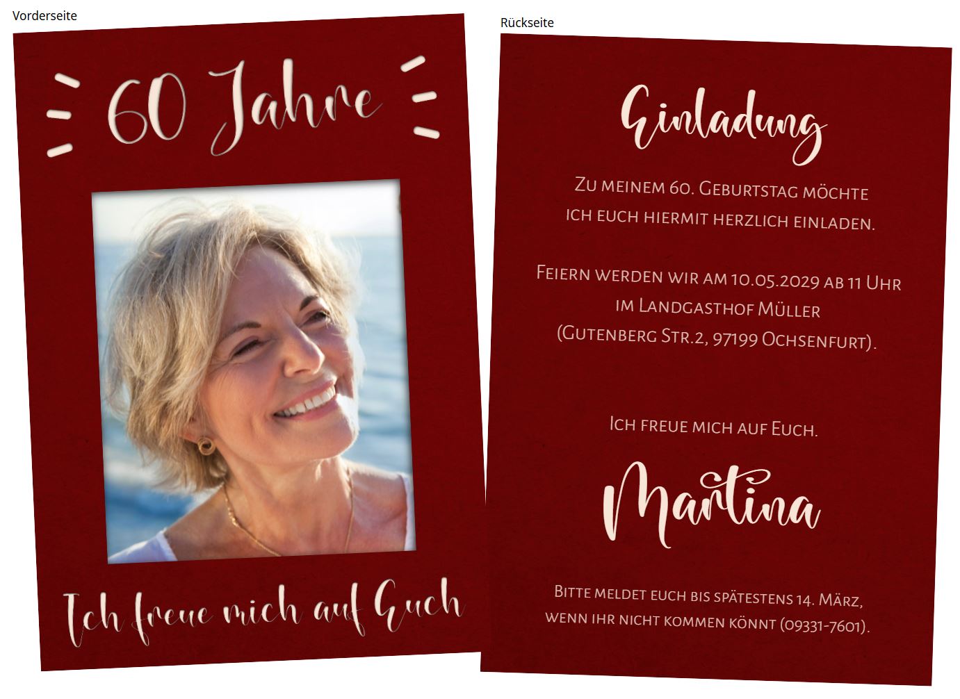 2-Seitige Einladungskarte zum 60. Geburtstag, mit eigenem Foto selbst gestalten
