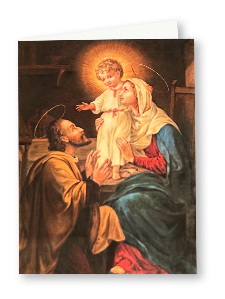 Biblische Weihnachtskarte mit der Heiligen Familie in buntem Farbdruck.