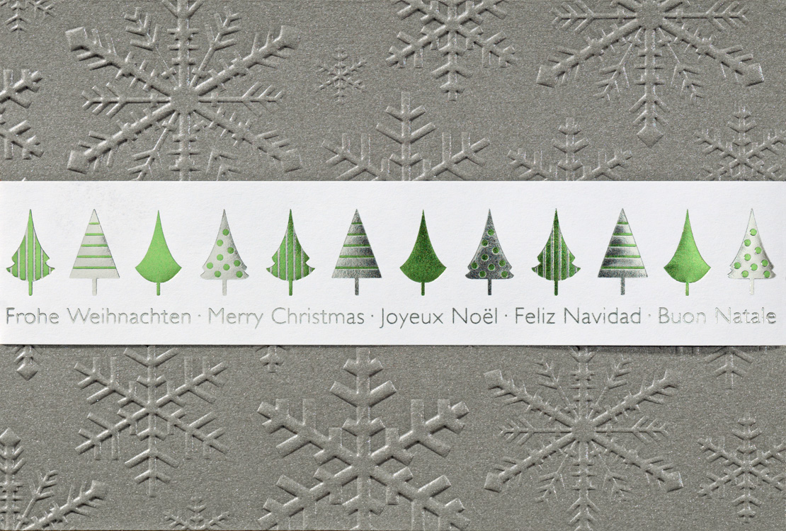 Weihnachtskarte anthrazit metallic mit Reliefsternen und Bäumen