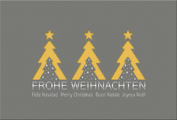 Anthrazitfarbene Weihnachtskarte mit mehrsprachigen Weihnachtsgrüßen und goldenem Einleger