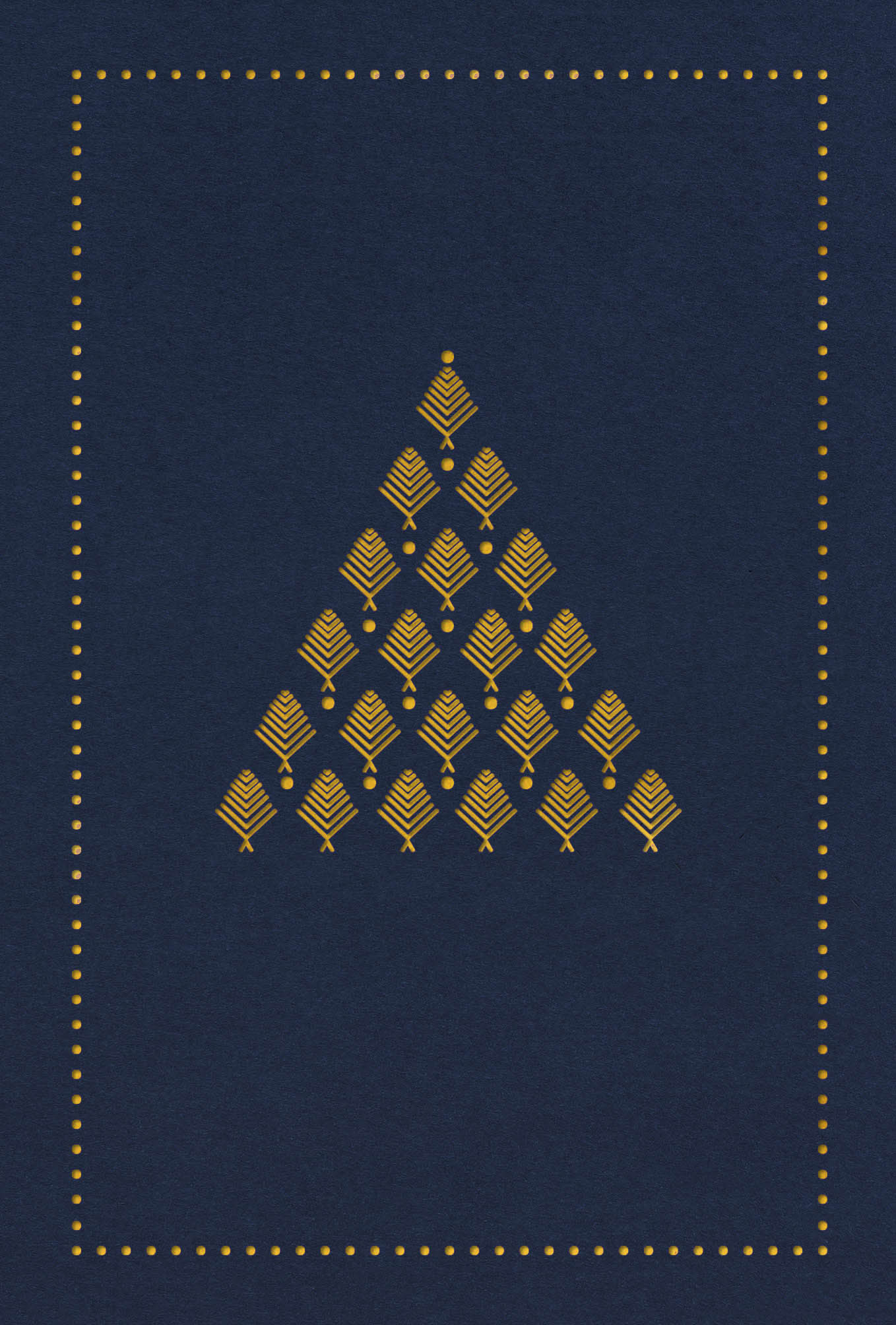 Dunkelblaue Weihnachtskarte mit gelbem Einlegegeblatt und feiner Stanzung
