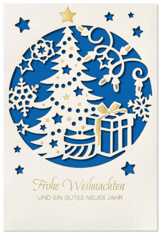Weihnachtskarte mit filigraner Laserstanzung und Goldfolienprägung, Einleger blau
