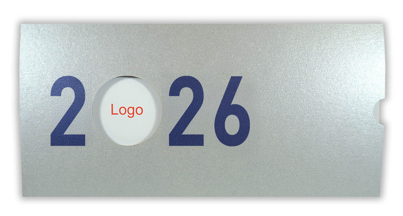 Silberne Neujahrskarte Metallic-Karton Schiebekarte für Jahreswechsel 2025 - 2026 mit Logo-Fenster