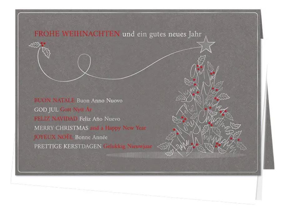 Grauer Weihnachtskarte "Worldwide Wishes" mit Rot- und Silberfolienprägung sowie Einlegeblatt in weiß