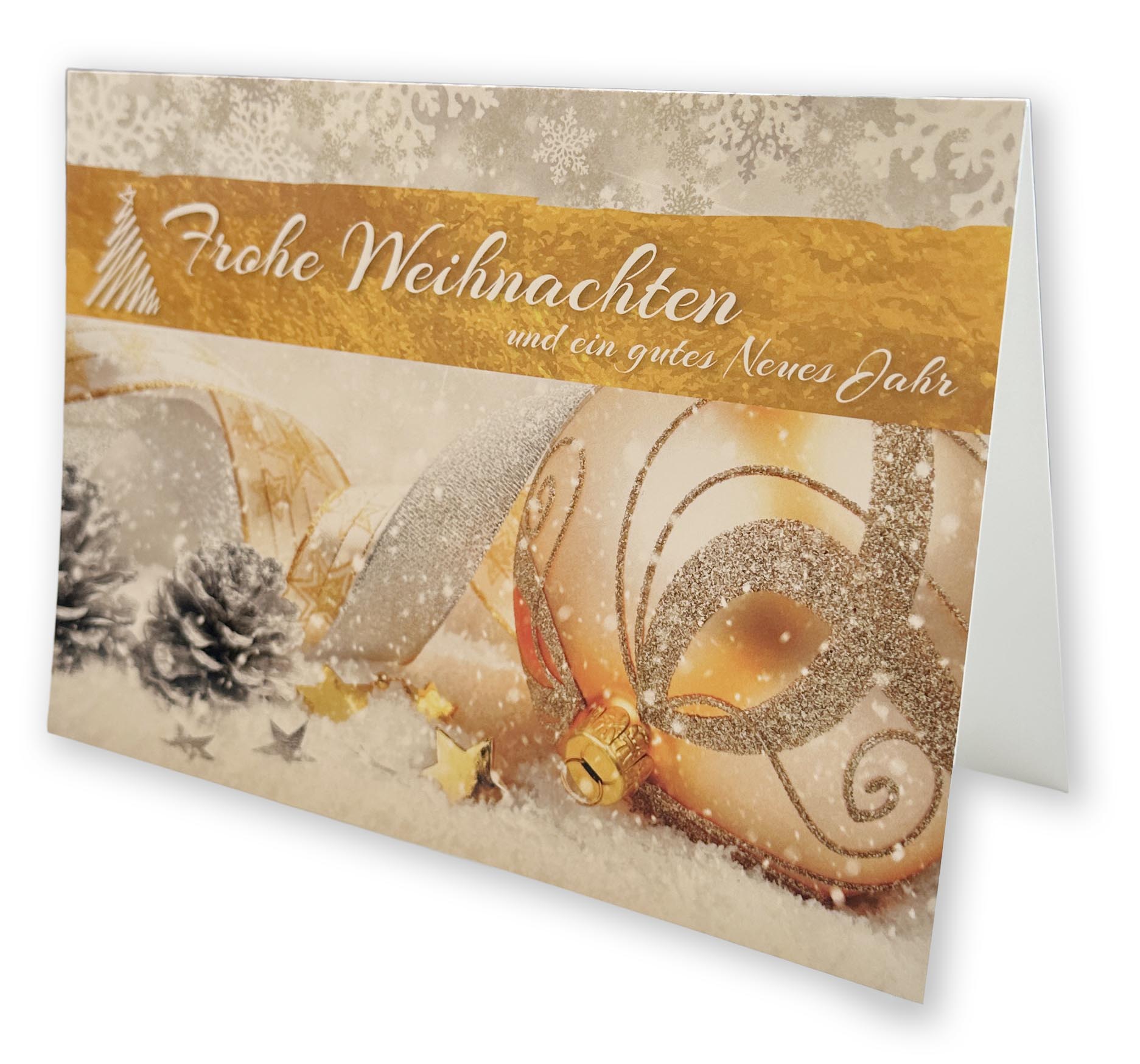 Weihnachts-Grußkarte mit goldener Ornamentkugel, Schnee und Tannenzapfen sowie Weihnachtsgruß.