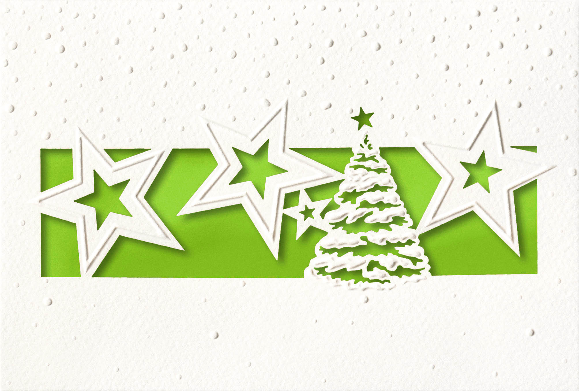 Weihnachtliche Stanzkarte in weiß mit gruenem Einlegeblatt, Sternen und Weihnachtsbaum