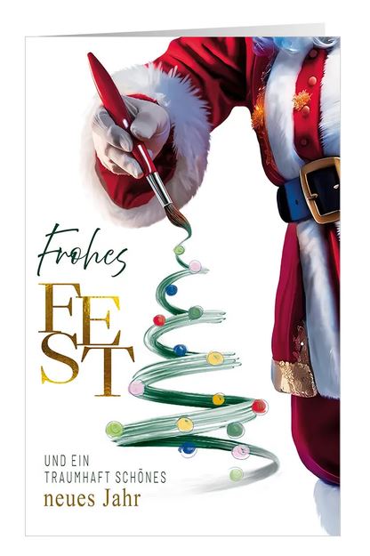 Humorvolle Weihnachtskarte "Pinselzauber" mit malendem Weihnachtsmann und festlichen Grüßen