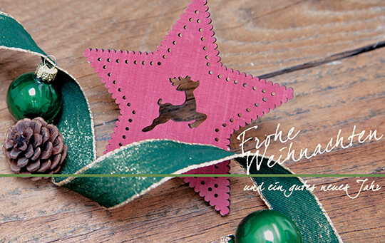 Spendenweihnachtskarte für die Deutsche Kinderkrebsstiftung mit Rentier, Stern und Kugeln