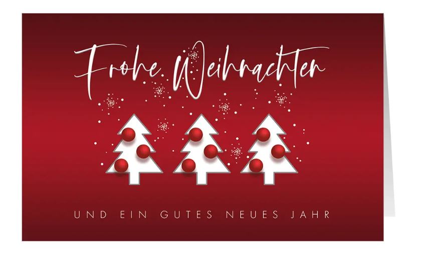 Spendenkarte "Roter Weihnachtszauber" mit drei Tannen, Kugeln und Weihnachtsgruß für Ärzte ohne Grenzen