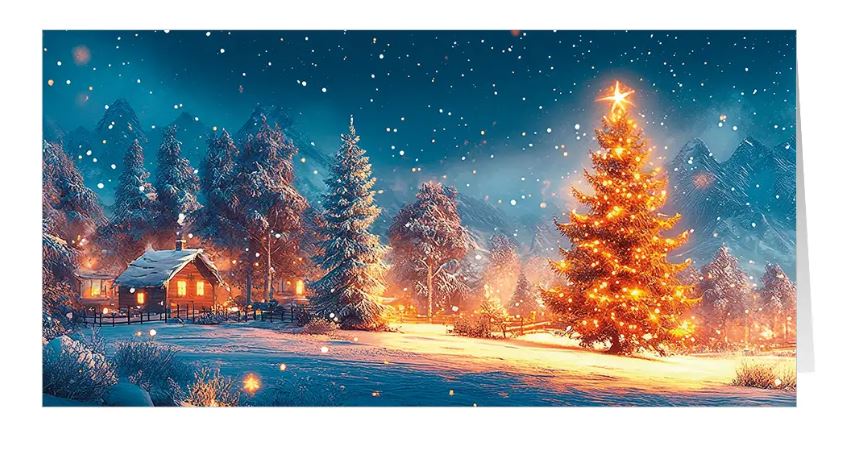 Zauberhafte Weihnachtskarte "Wintermagie" mit einer urigen Holzhütte in der verschneiten Winterlandschaft, DIN lang