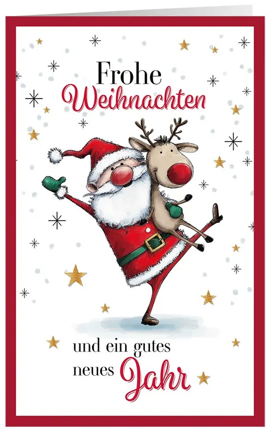 Humorvolle Weihnachtsgrußkarte "Tanzende Weihnachten" mit fröhlichem Weihnachtsmann und süßem Rentier