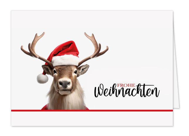 Lustige Weihnachtskarte im originellen Design mit treu blickendem Rentier, Nikolausmütze & festlichem Gruß