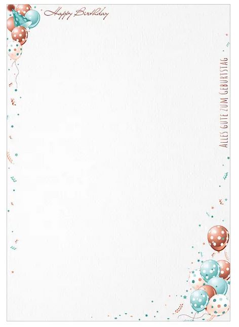 Glückwunsch-Briefpapier zum Geburtstag mit "Happy Birthday - Alles Gute zum Geburtstag" und bunten Luftballons