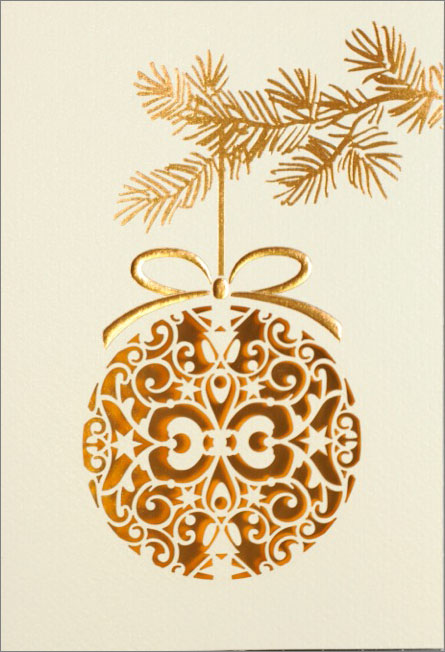 Weihnachtskarte creme metallic kupfer mit filigraner Laserstanzung Weihnachtskugel