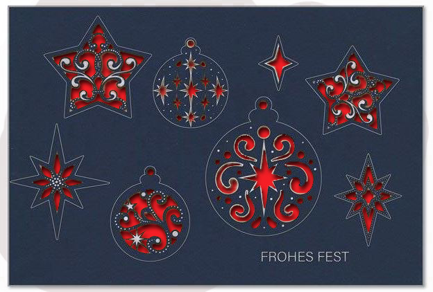 Edle Laser-Weihnachtskarte in blau "Filigrane Festlichkeit" mit Silberfolienprägung und Einlegeblatt in Rot
