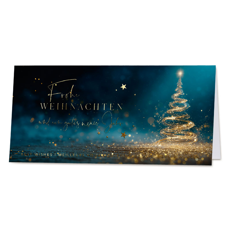 Spendenweihnachtskarte DIN lang im glanzvollen Design mit internationalen Grüßen zugunsten Herzenswünsche e.V.