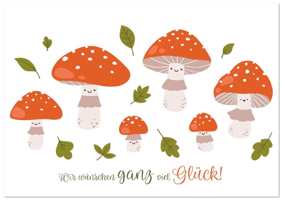 Fröhliche Grußkarte "Glückspilz" mit Fliegenpilzen und passender Grußbotschaft