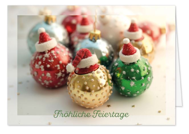 Weihnachts-Spendenkarte „Kugeln mit Nikolausmützen“ mit Weihnachtsgruß und Spendenanteil: Kinder-Krebs-Stiftung