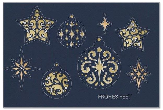Edle Laser-Weihnachtskarte in blau "Filigrane Festlichkeit" mit Silberfolienprägung und Einlegeblatt in Gold