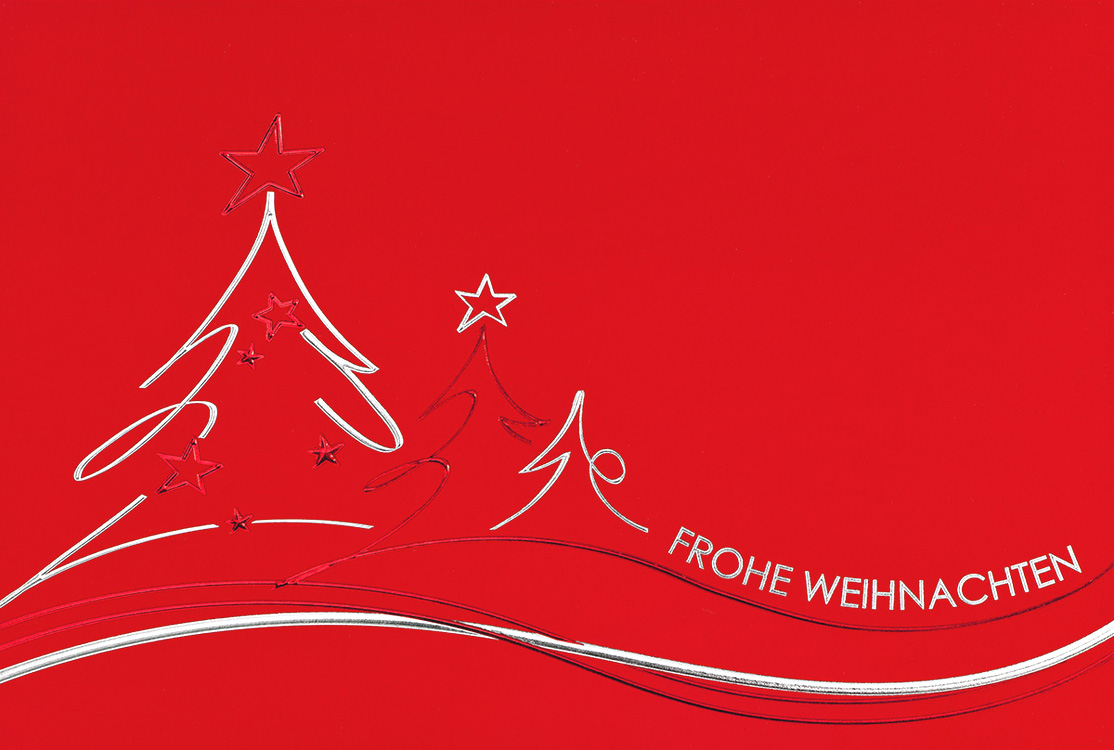 Weihnachtskarte rot mit drei Weihnachtsbäumen Frohe Weihnachten