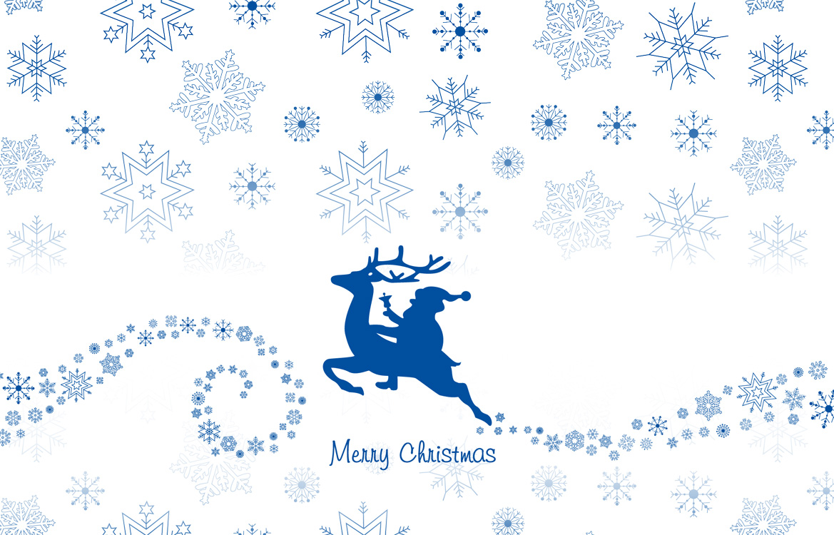 Weihnachtskarte weiß blau mit reitendem Weihnachtsmann Rentier